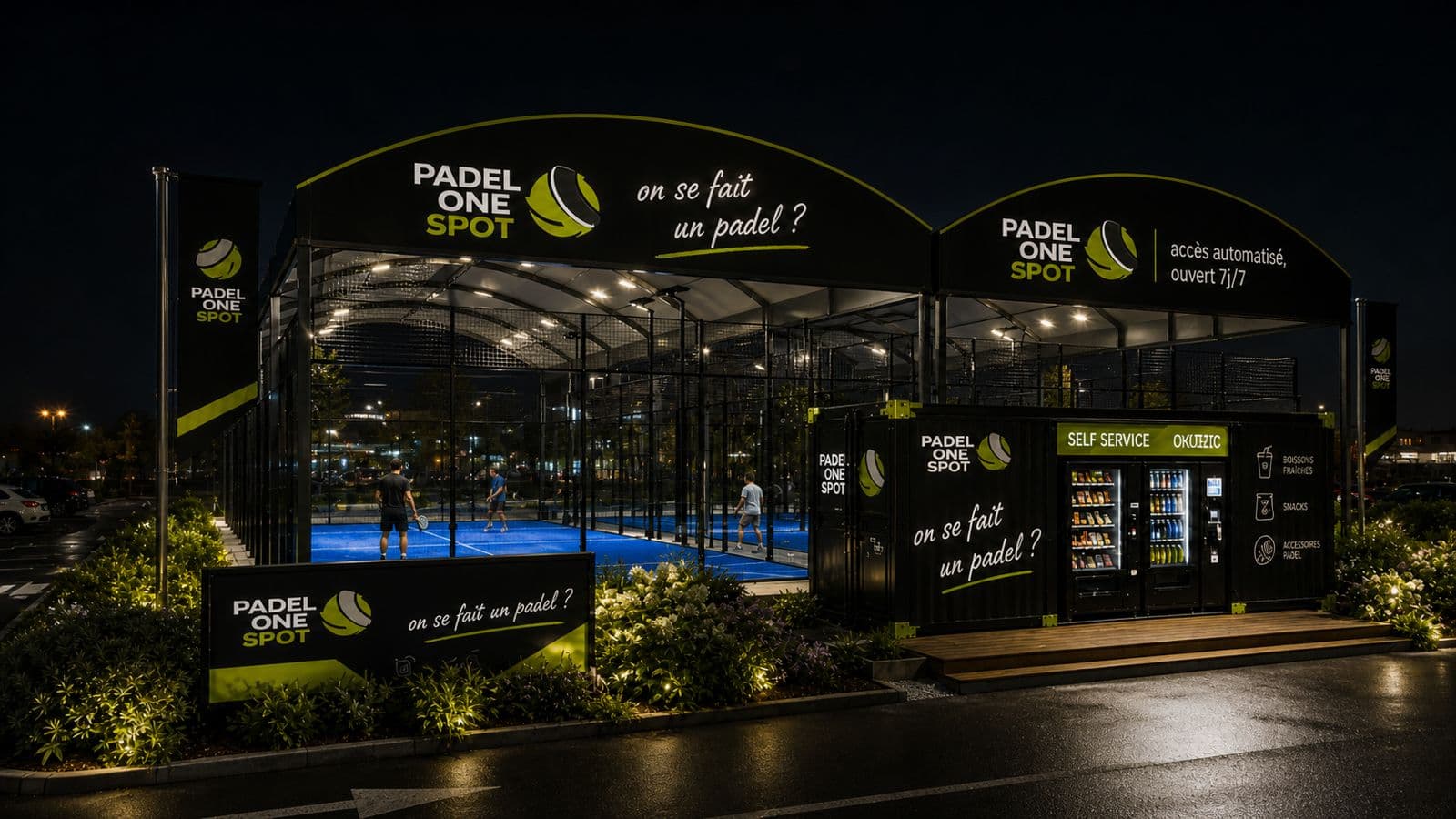 Padel One Spot de nuit, terrains éclairés et container self-service
